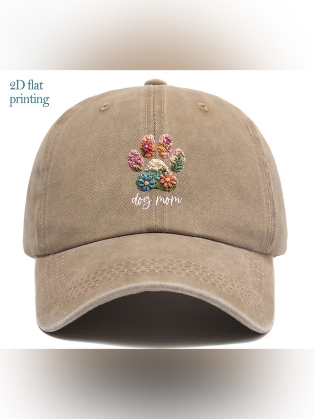 Khaki 'Dog Mom' Paw Floral Printed Baseball Hat Adjustable
